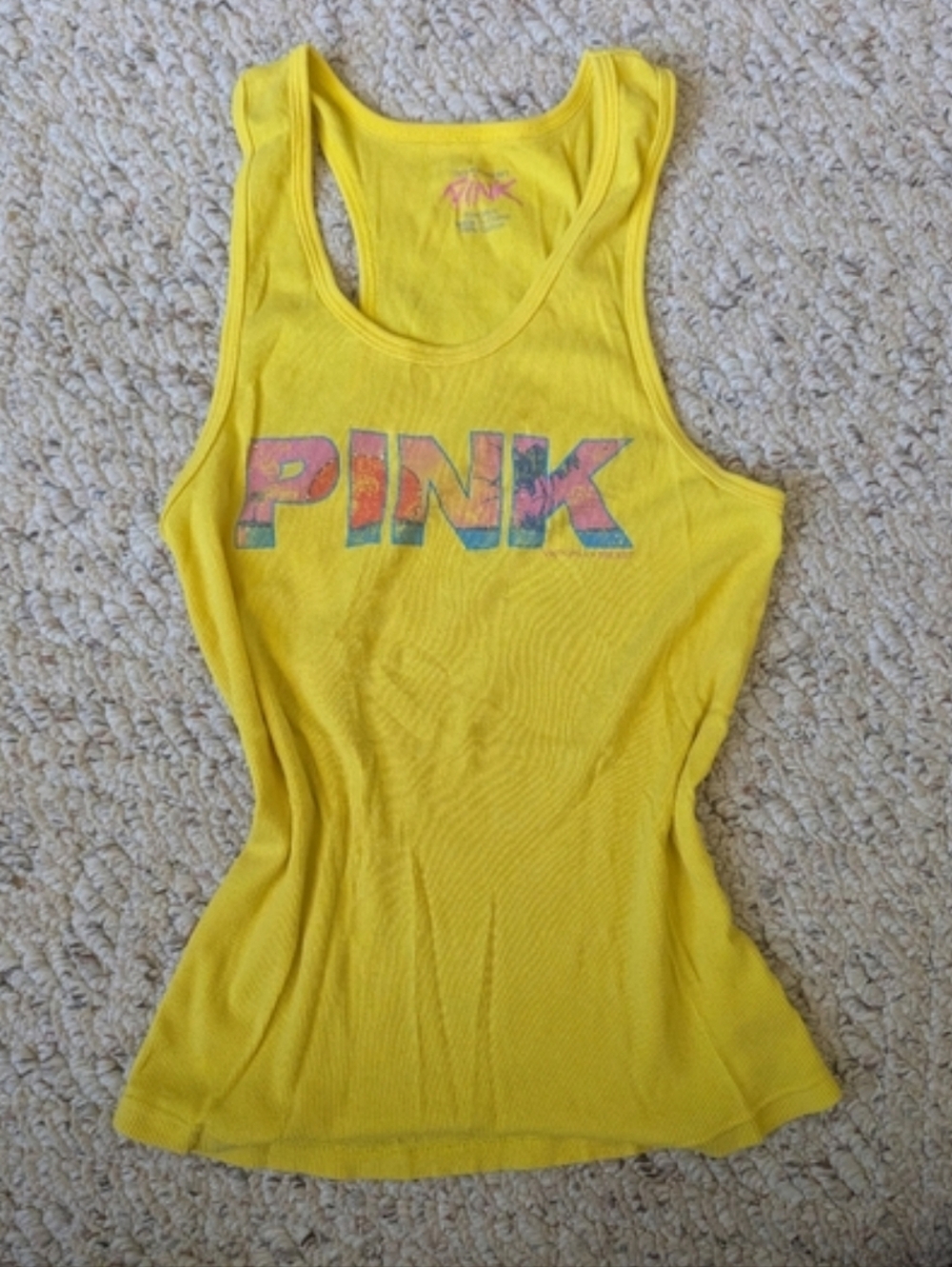 Rare Vintage 2000s Y2K Pink Victoria's Secret Ribbed Tank Top Yellow Rhinestones